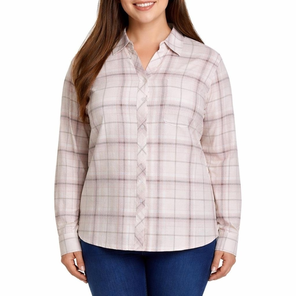Weatherproof Women's XL Plaid Button Down Pink Cotton Blend H0385